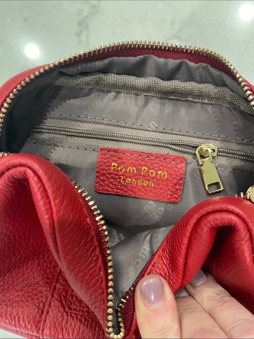 Pom Pom London Red Pebbled Leather Crossbody Bag - Picture 2 of 3